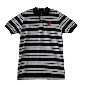 Franky Max Men’s Polo Shirt Big Horse Black Gray Stripes Regular Fit Size M